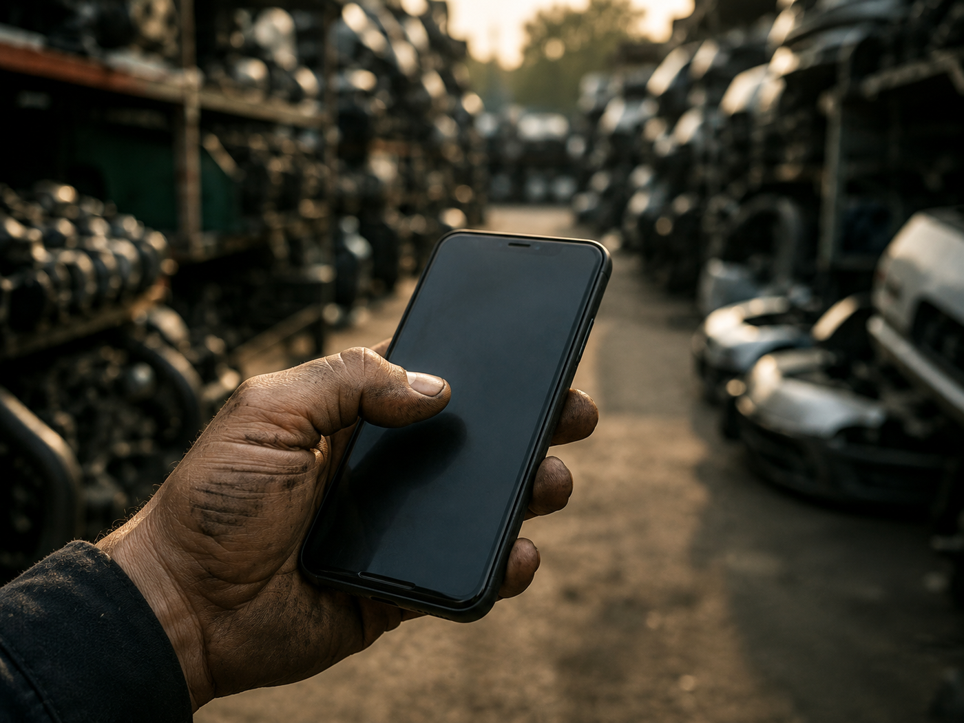 A mechanic texting Armando from the salvage yard