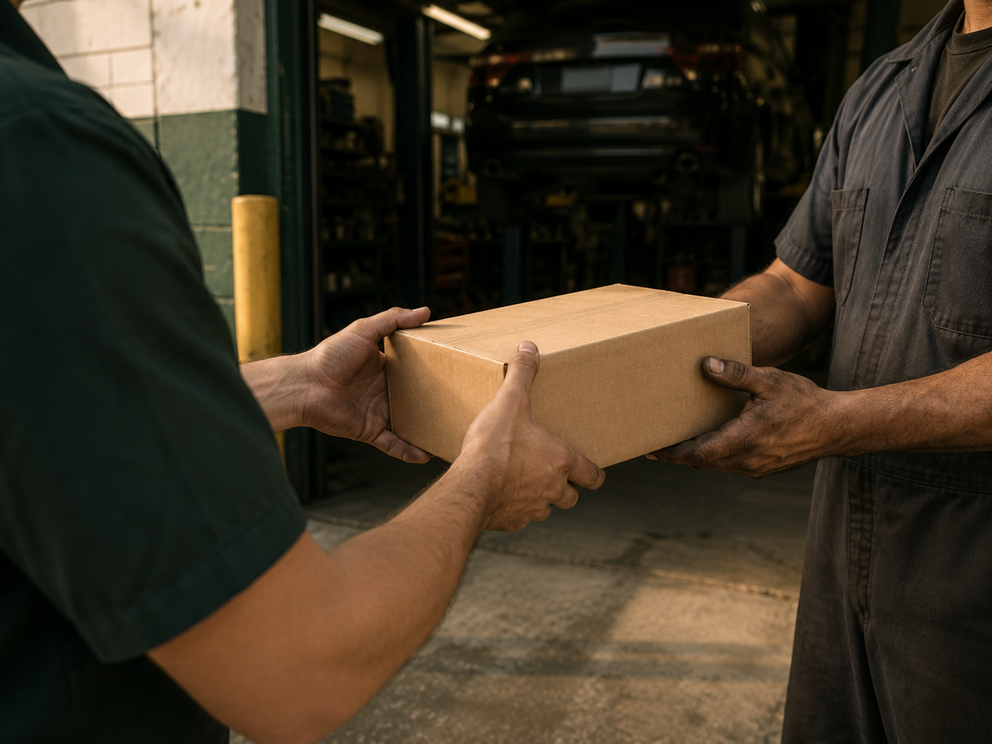 A parts box handed off to a mechanic at the shop
