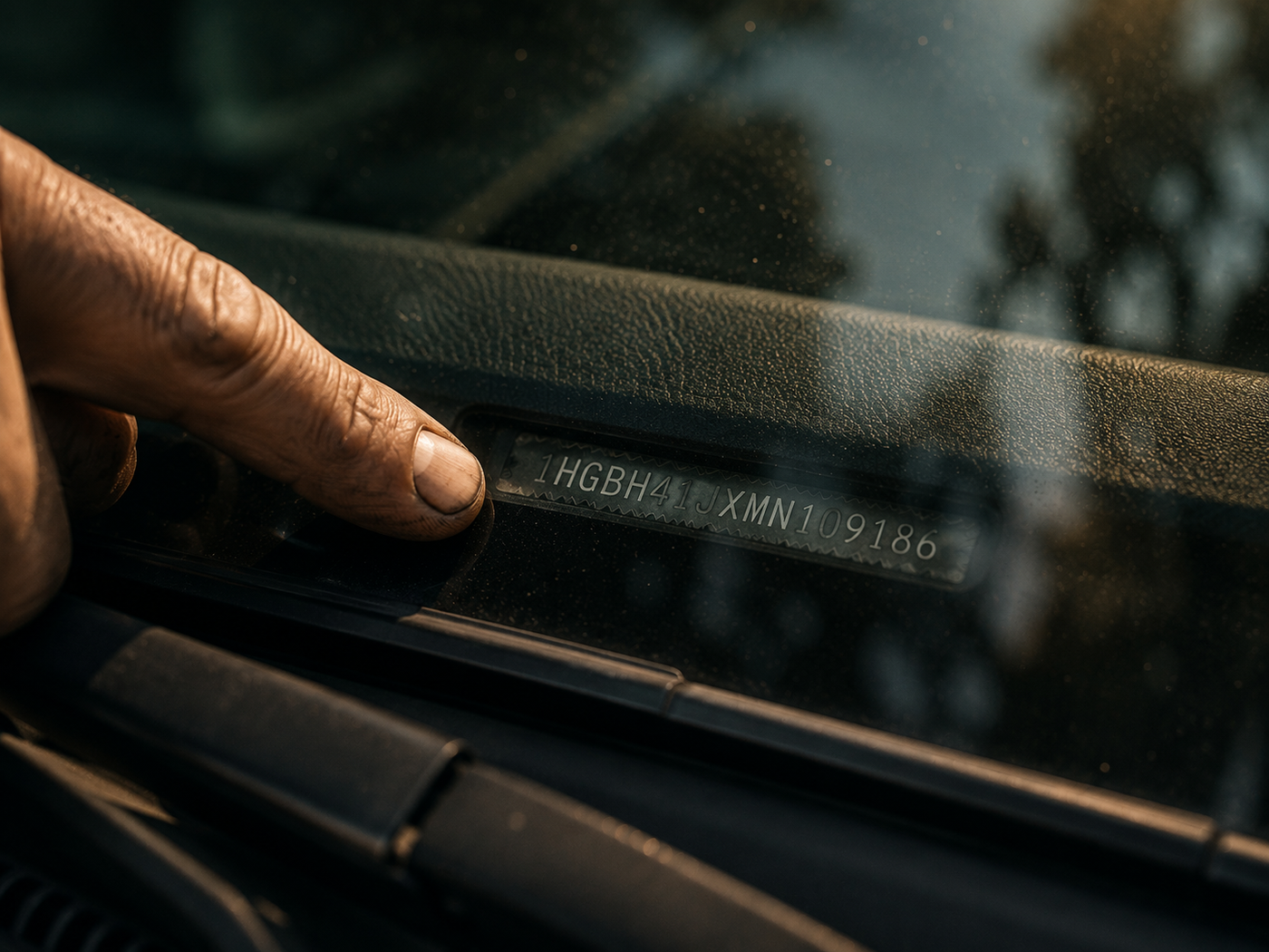 A finger pointing to a vehicle VIN at the base of the windshield